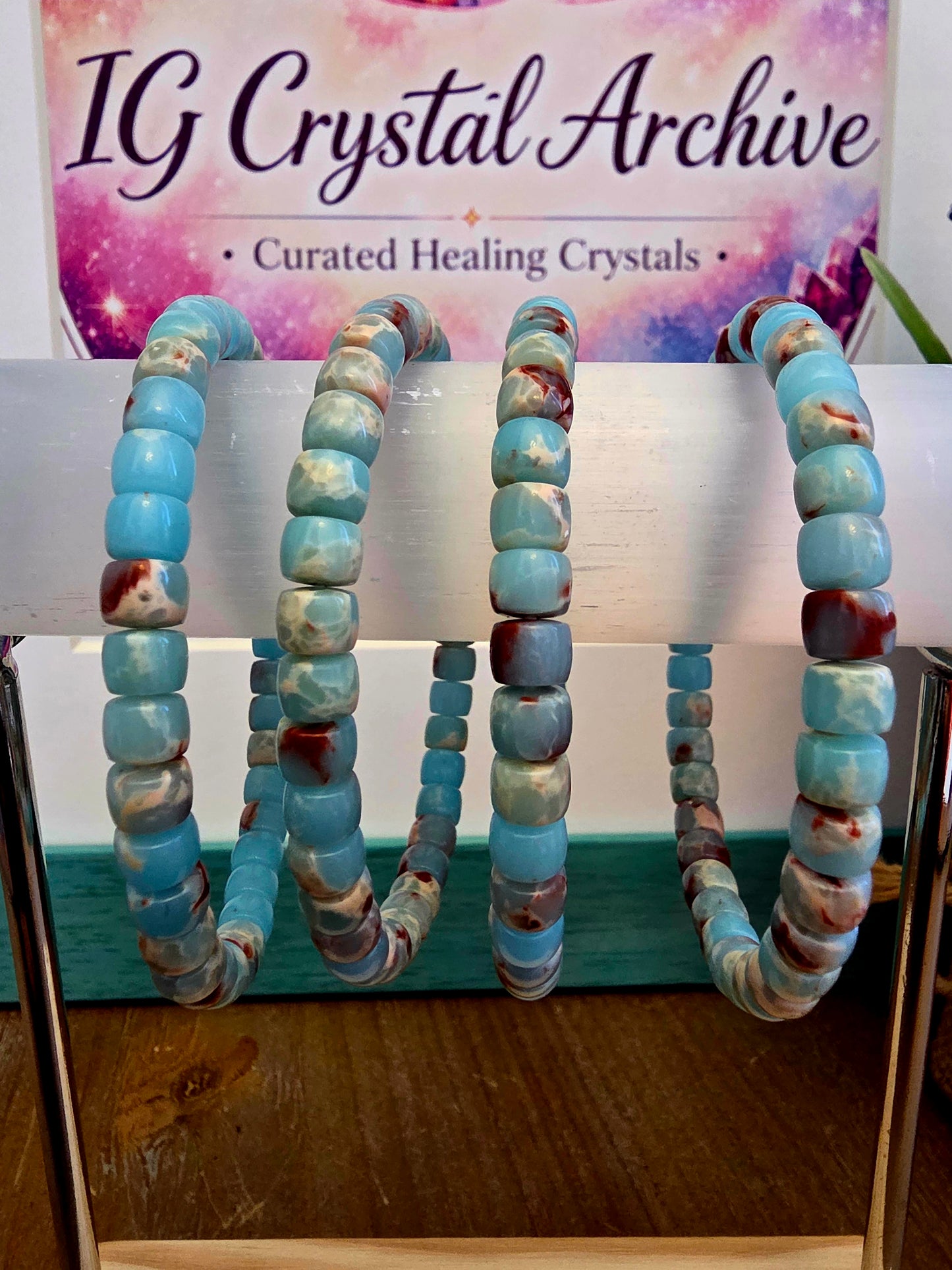 Blue & Red Natural Stone Barrel Bead Bracelet | Aqua Blue Gemstone Stretch Bracelet | Polished Stone Jewelry | IG Crystal Archive