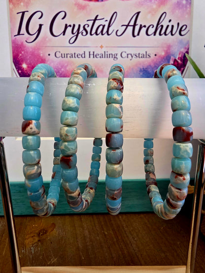 Blue & Red Natural Stone Barrel Bead Bracelet | Aqua Blue Gemstone Stretch Bracelet | Polished Stone Jewelry | IG Crystal Archive