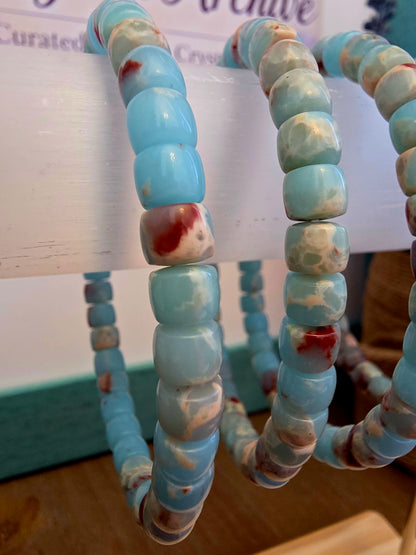 Blue & Red Natural Stone Barrel Bead Bracelet | Aqua Blue Gemstone Stretch Bracelet | Polished Stone Jewelry | IG Crystal Archive