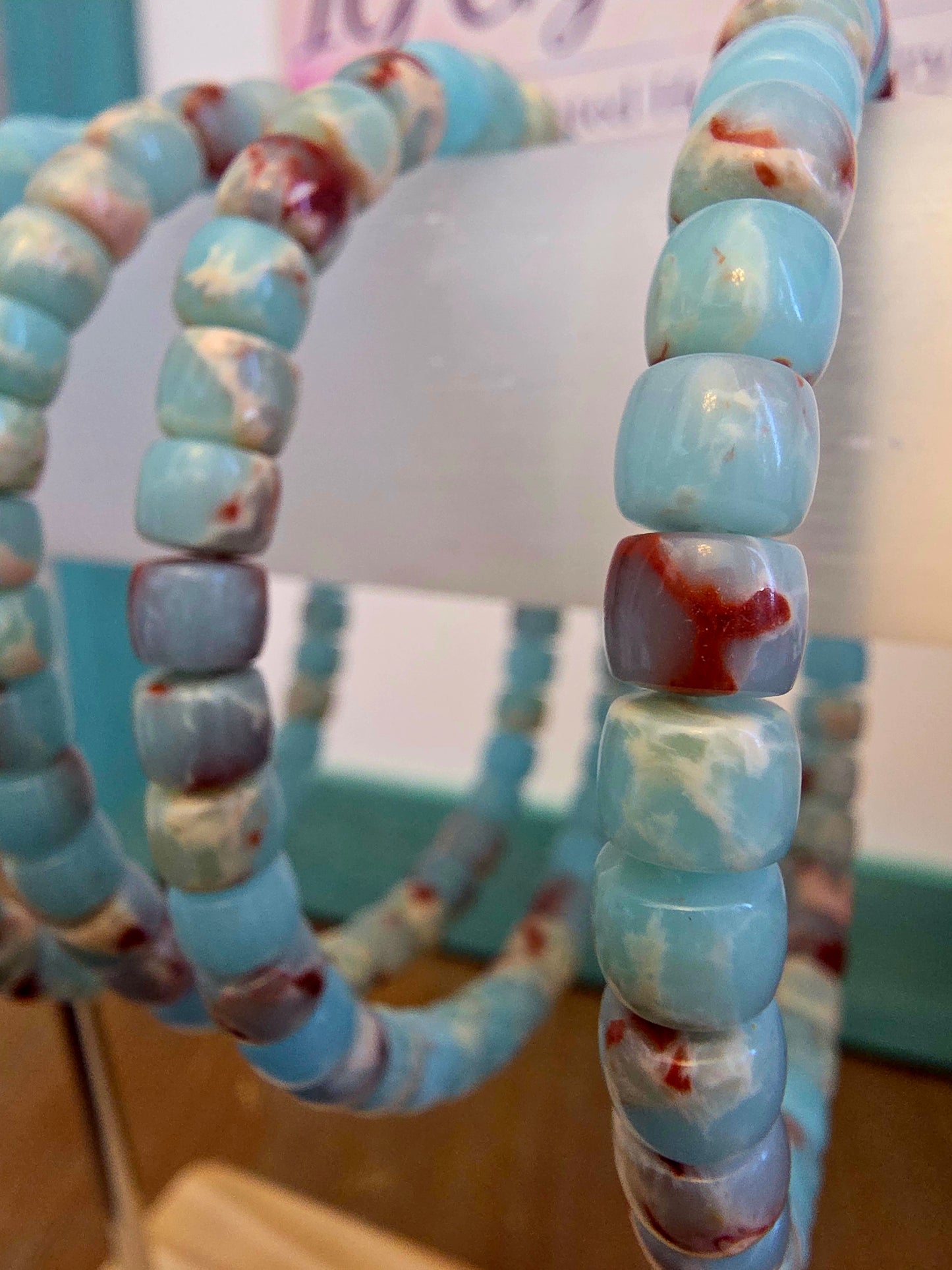 Blue & Red Natural Stone Barrel Bead Bracelet | Aqua Blue Gemstone Stretch Bracelet | Polished Stone Jewelry | IG Crystal Archive