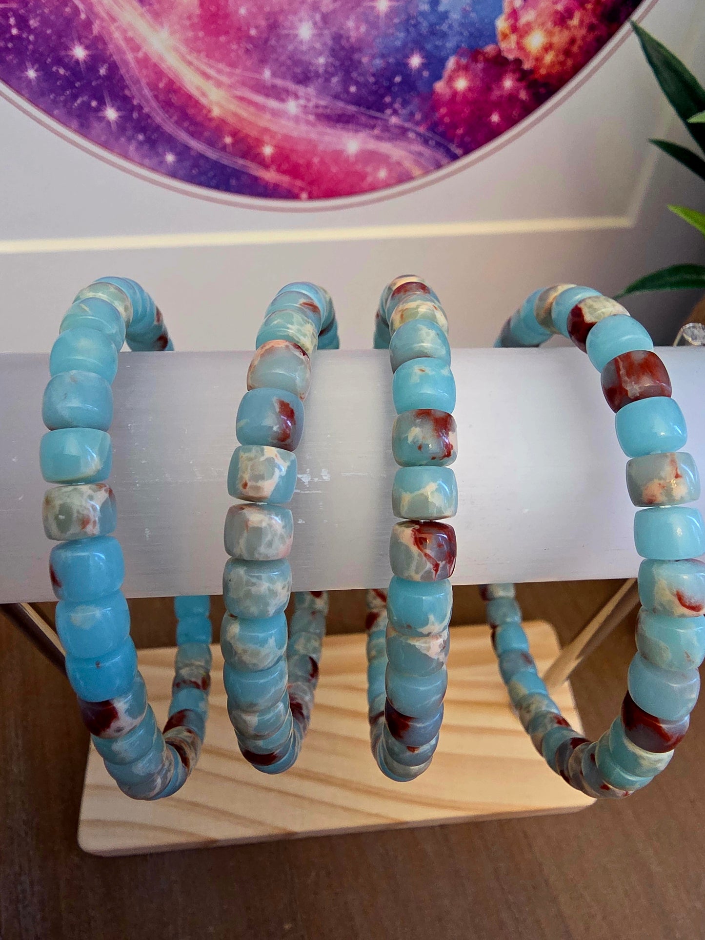 Blue & Red Natural Stone Barrel Bead Bracelet | Aqua Blue Gemstone Stretch Bracelet | Polished Stone Jewelry | IG Crystal Archive
