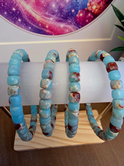 Blue & Red Natural Stone Barrel Bead Bracelet | Aqua Blue Gemstone Stretch Bracelet | Polished Stone Jewelry | IG Crystal Archive