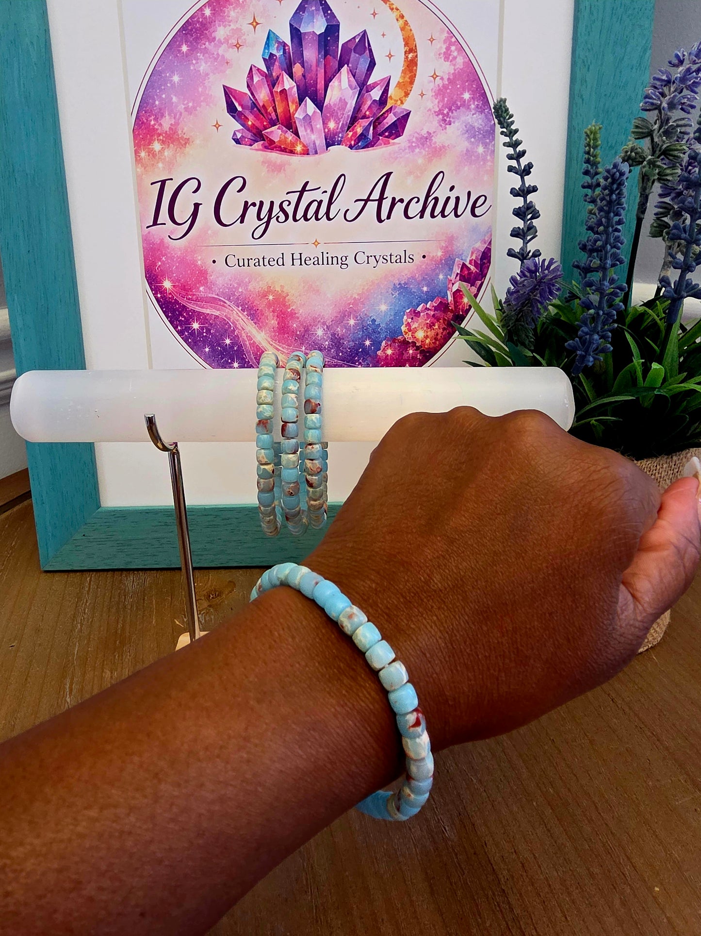 Blue & Red Natural Stone Barrel Bead Bracelet | Aqua Blue Gemstone Stretch Bracelet | Polished Stone Jewelry | IG Crystal Archive