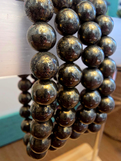 Natural Pyrite Crystal Bracelet | Metallic Gold Gemstone Beaded Bracelet | Protection & Abundance Crystal Jewelry | Unisex Stretch Bracelet