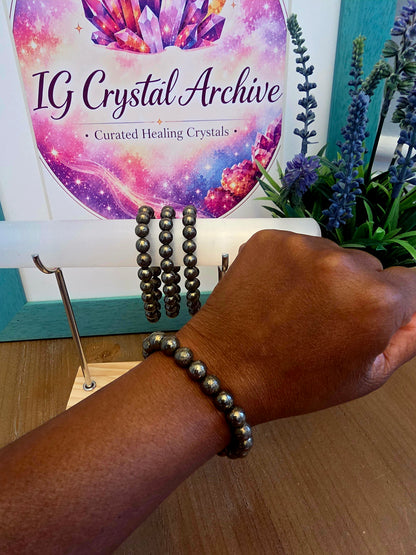 Natural Pyrite Crystal Bracelet | Metallic Gold Gemstone Beaded Bracelet | Protection & Abundance Crystal Jewelry | Unisex Stretch Bracelet