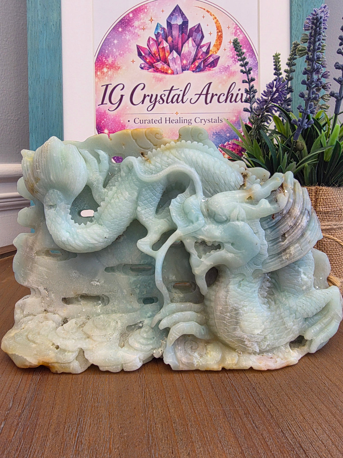 Large Blue Green Crystal Dragon Carving | Natural Stone Chinese Dragon Sculpture | 9 Inch Hand Carved Statement Decor