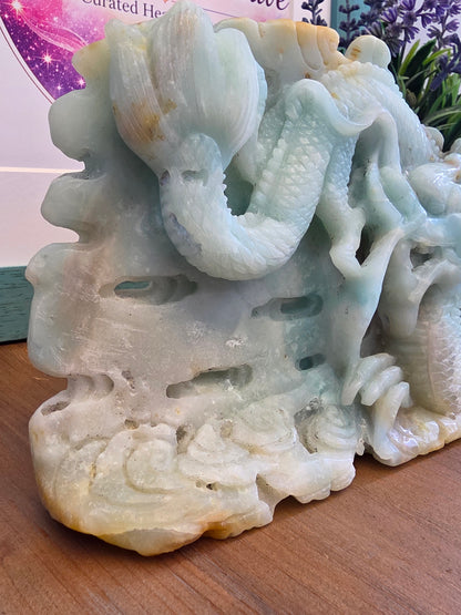 Large Blue Green Crystal Dragon Carving | Natural Stone Chinese Dragon Sculpture | 9 Inch Hand Carved Statement Decor
