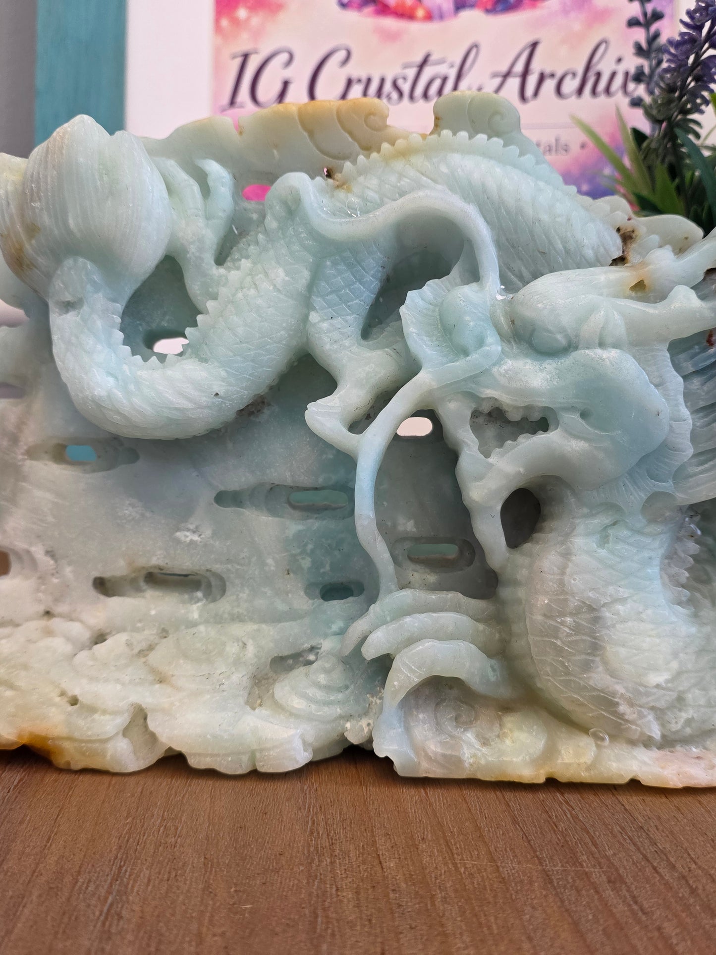 Large Blue Green Crystal Dragon Carving | Natural Stone Chinese Dragon Sculpture | 9 Inch Hand Carved Statement Decor