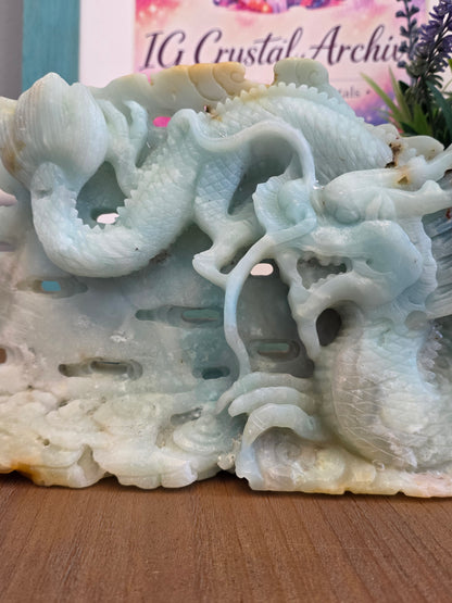 Large Blue Green Crystal Dragon Carving | Natural Stone Chinese Dragon Sculpture | 9 Inch Hand Carved Statement Decor