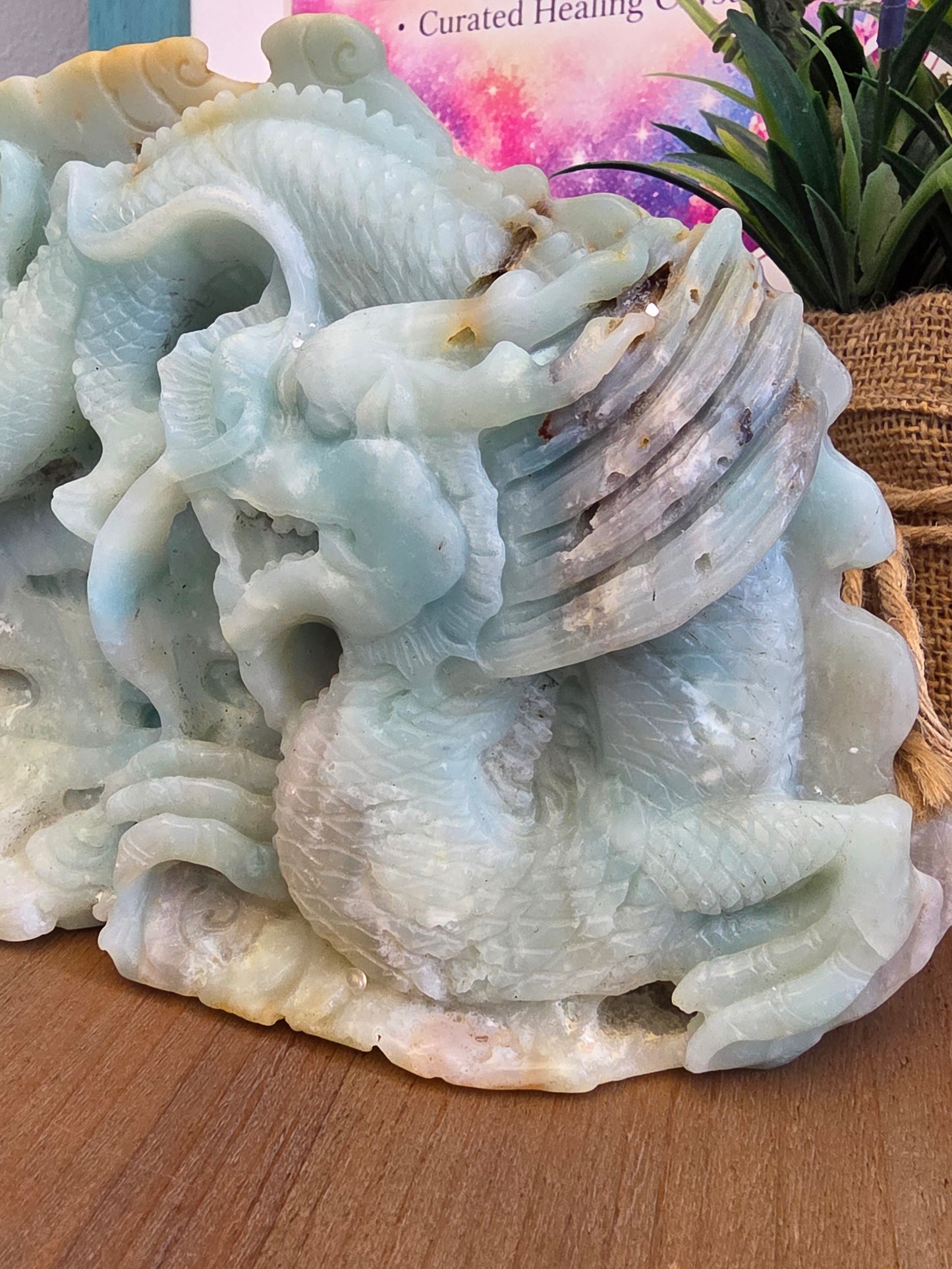 Large Blue Green Crystal Dragon Carving | Natural Stone Chinese Dragon Sculpture | 9 Inch Hand Carved Statement Decor