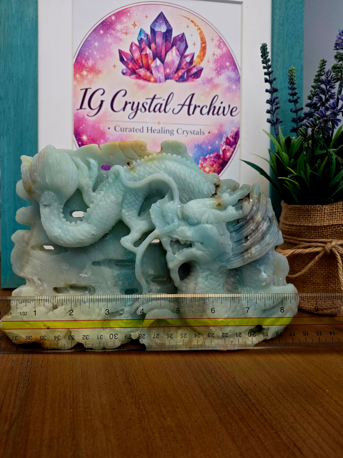 Large Blue Green Crystal Dragon Carving | Natural Stone Chinese Dragon Sculpture | 9 Inch Hand Carved Statement Decor