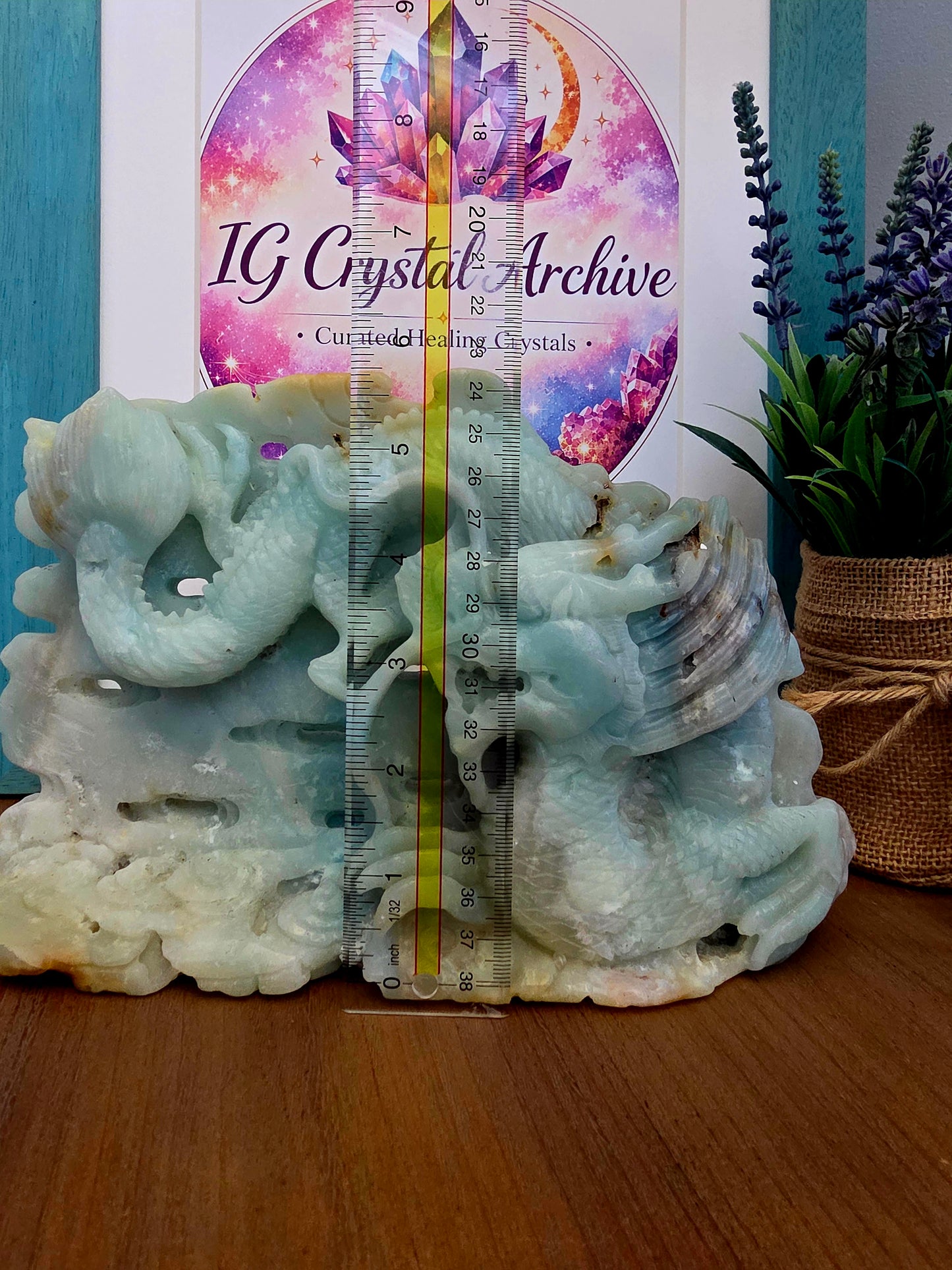 Large Blue Green Crystal Dragon Carving | Natural Stone Chinese Dragon Sculpture | 9 Inch Hand Carved Statement Decor