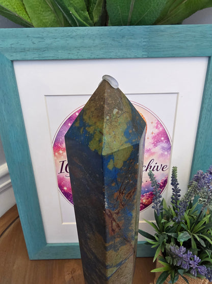 XL Blue & Earth Tone Crystal Tower 15” | Large Natural Stone Obelisk | Statement Mineral Décor | One of a Kind Display Piece