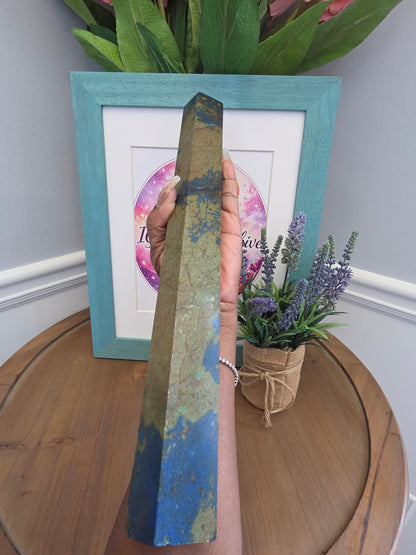 XL Blue & Earth Tone Crystal Tower 15” | Large Natural Stone Obelisk | Statement Mineral Décor | One of a Kind Display Piece