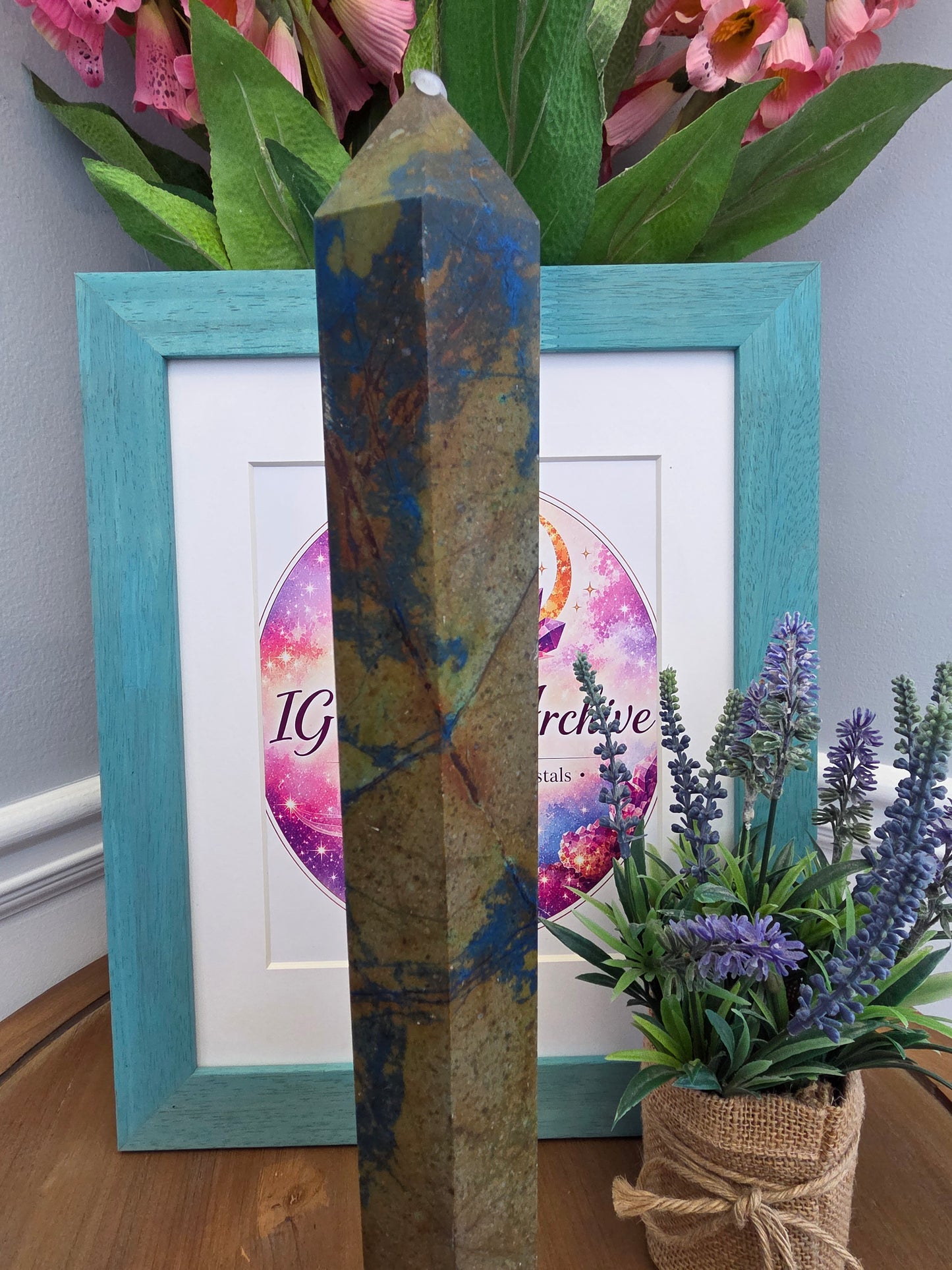 XL Blue & Earth Tone Crystal Tower 15” | Large Natural Stone Obelisk | Statement Mineral Décor | One of a Kind Display Piece