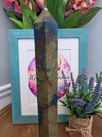 XL Blue & Earth Tone Crystal Tower 15” | Large Natural Stone Obelisk | Statement Mineral Décor | One of a Kind Display Piece