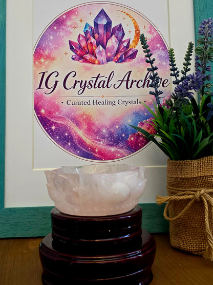 Natural Clear Quartz Lotus Bowl | 3.5” Carved Rock Crystal Flower Dish | Translucent Crystal Décor