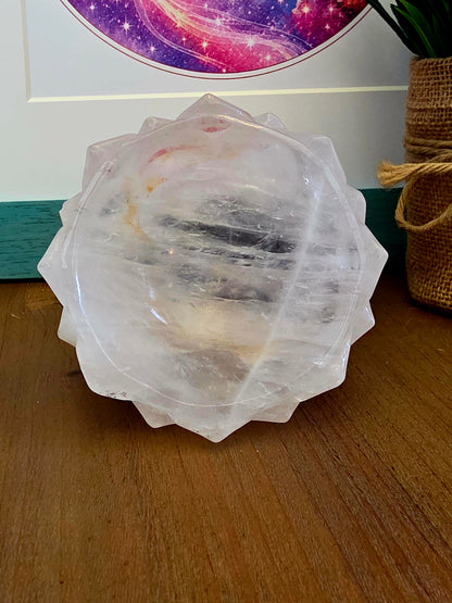 Natural Clear Quartz Lotus Bowl | 3.5” Carved Rock Crystal Flower Dish | Translucent Crystal Décor