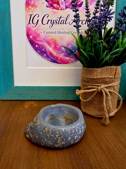 Natural Blue Gray Agate Bowl | Polished Crystal Stone Dish | One-of-a-Kind Gemstone Décor