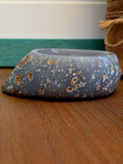 Natural Blue Gray Agate Bowl | Polished Crystal Stone Dish | One-of-a-Kind Gemstone Décor