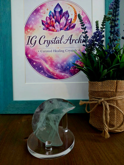 Green Fluorite Crescent Moon Crystal Carving | 2.7" Natural Fluorite Moon | Mint Green & Purple Crystal Decor