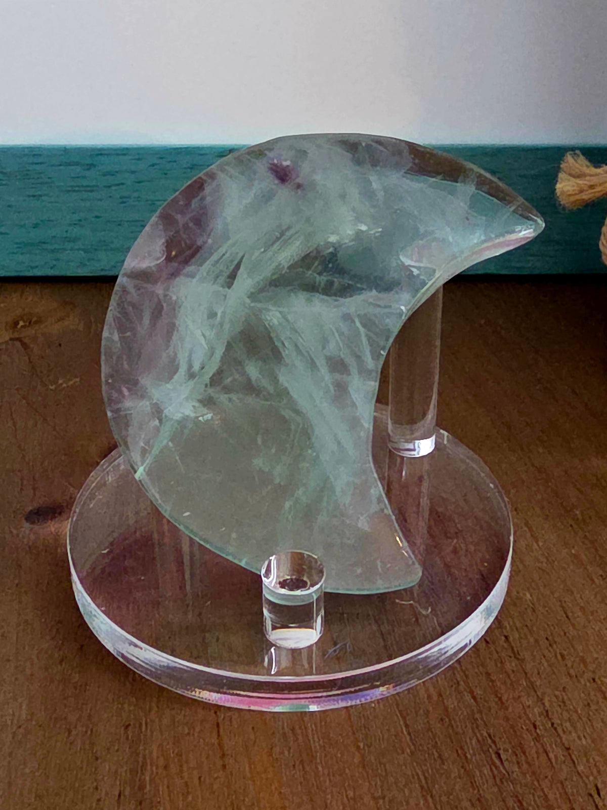 Green Fluorite Crescent Moon Crystal Carving | 2.7" Natural Fluorite Moon | Mint Green & Purple Crystal Decor