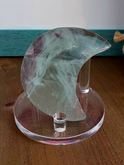 Green Fluorite Crescent Moon Crystal Carving | 2.7" Natural Fluorite Moon | Mint Green & Purple Crystal Decor