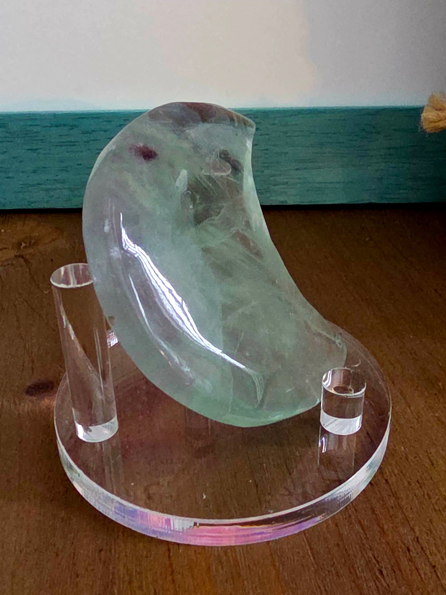 Green Fluorite Crescent Moon Crystal Carving | 2.7" Natural Fluorite Moon | Mint Green & Purple Crystal Decor