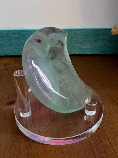 Green Fluorite Crescent Moon Crystal Carving | 2.7" Natural Fluorite Moon | Mint Green & Purple Crystal Decor