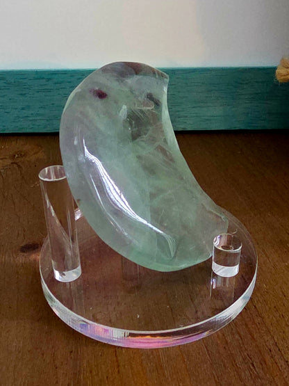 Green Fluorite Crescent Moon Crystal Carving | 2.7" Natural Fluorite Moon | Mint Green & Purple Crystal Decor