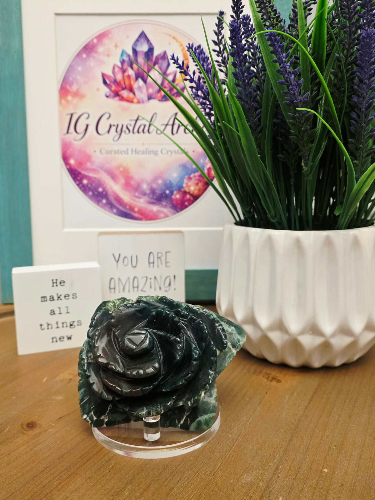 Hand-Carved Green Agate Rose Crystal Flower | Large Natural Stone Floral Carving | Crystal Home Décor