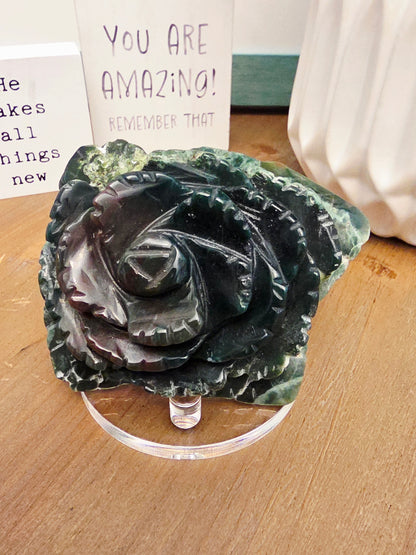 Hand-Carved Green Agate Rose Crystal Flower | Large Natural Stone Floral Carving | Crystal Home Décor