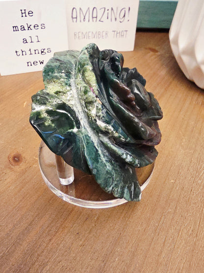 Hand-Carved Green Agate Rose Crystal Flower | Large Natural Stone Floral Carving | Crystal Home Décor