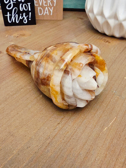 Honey Calcite Rose Carving | 5.5" Hand-Carved Crystal Flower | Natural Stone Floral Décor