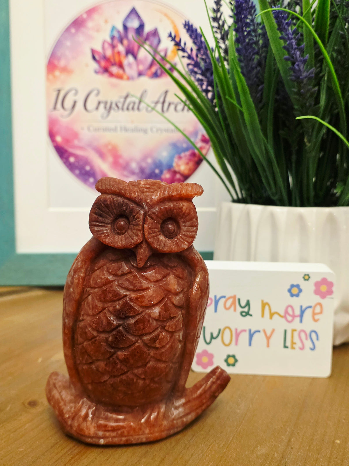 Large Orange Natural Stone Owl Carving | Hand-Carved Crystal Owl | 5.25" Decorative Stone Bird