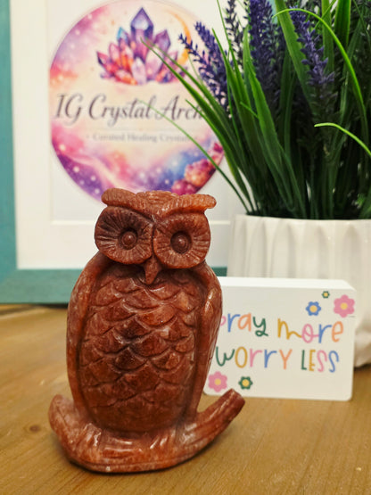 Large Orange Natural Stone Owl Carving | Hand-Carved Crystal Owl | 5.25" Decorative Stone Bird