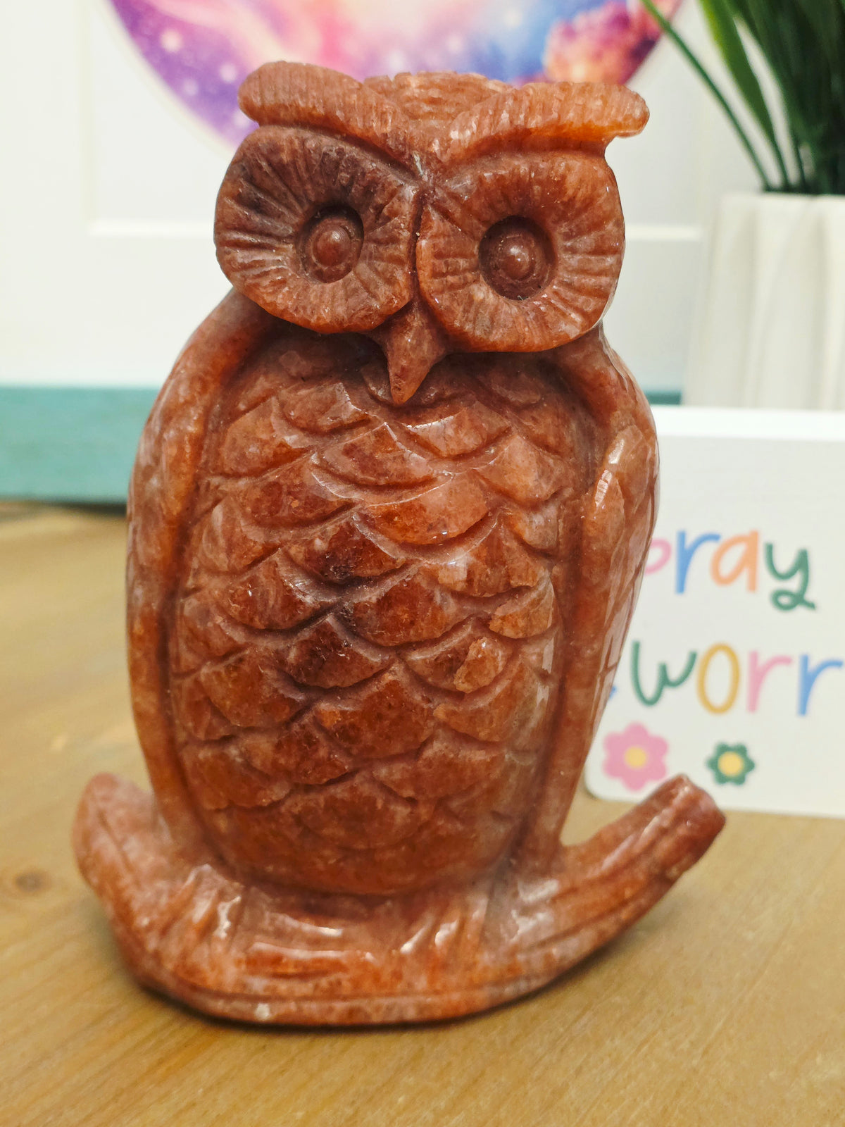 Large Orange Natural Stone Owl Carving | Hand-Carved Crystal Owl | 5.25" Decorative Stone Bird