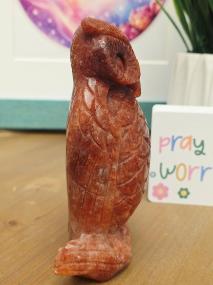 Large Orange Natural Stone Owl Carving | Hand-Carved Crystal Owl | 5.25" Decorative Stone Bird