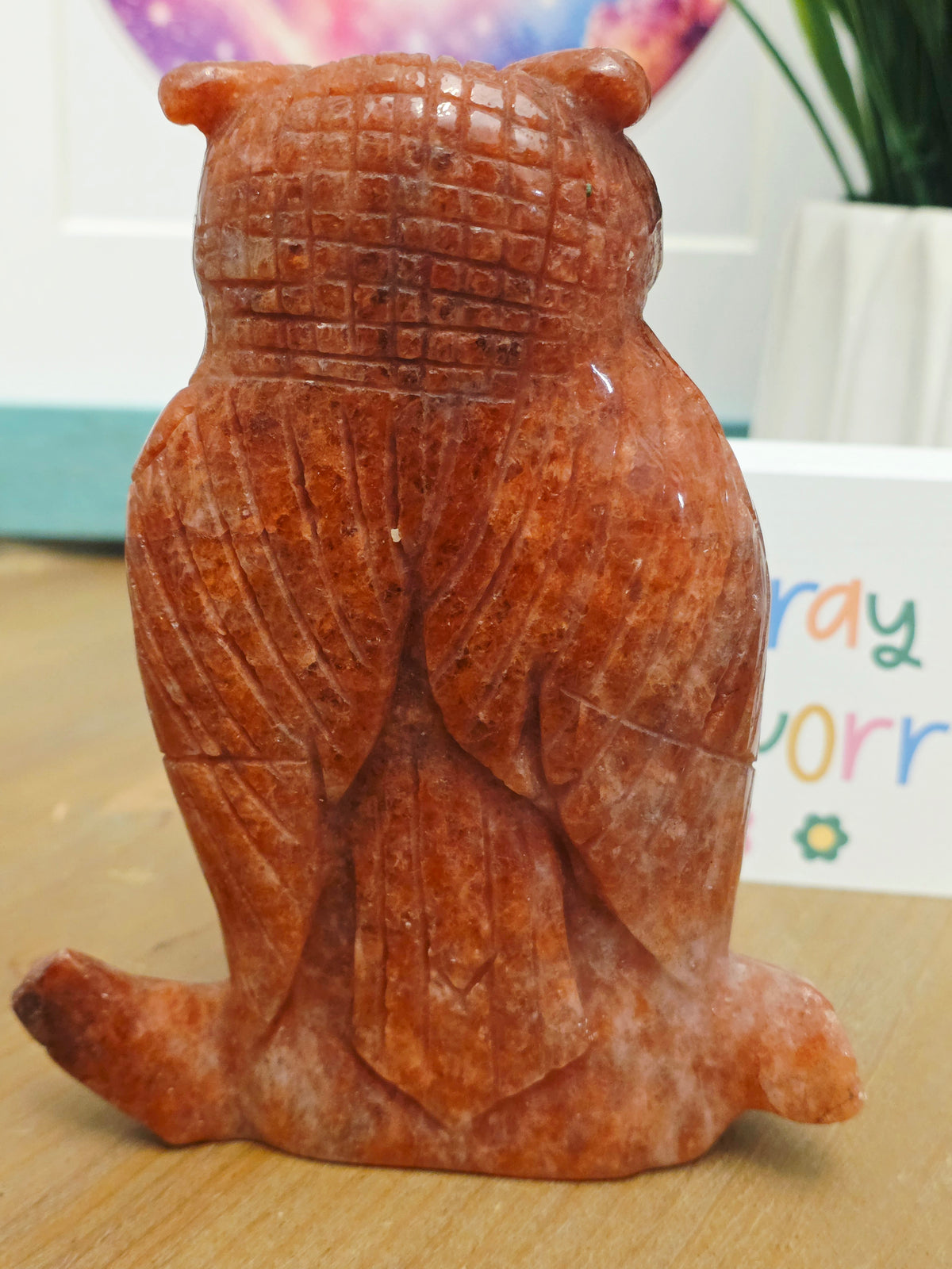 Large Orange Natural Stone Owl Carving | Hand-Carved Crystal Owl | 5.25" Decorative Stone Bird