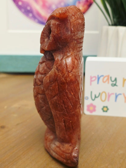 Large Orange Natural Stone Owl Carving | Hand-Carved Crystal Owl | 5.25" Decorative Stone Bird