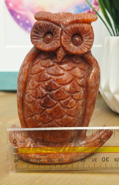 Large Orange Natural Stone Owl Carving | Hand-Carved Crystal Owl | 5.25" Decorative Stone Bird