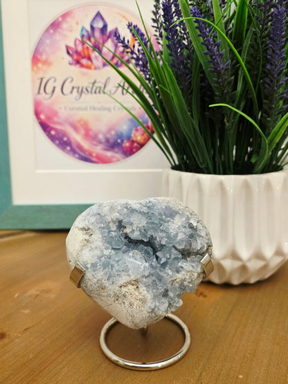 Natural Blue Celestite Crystal Cluster on Silver Stand | Raw Celestine Geode | Blue Crystal Home Décor