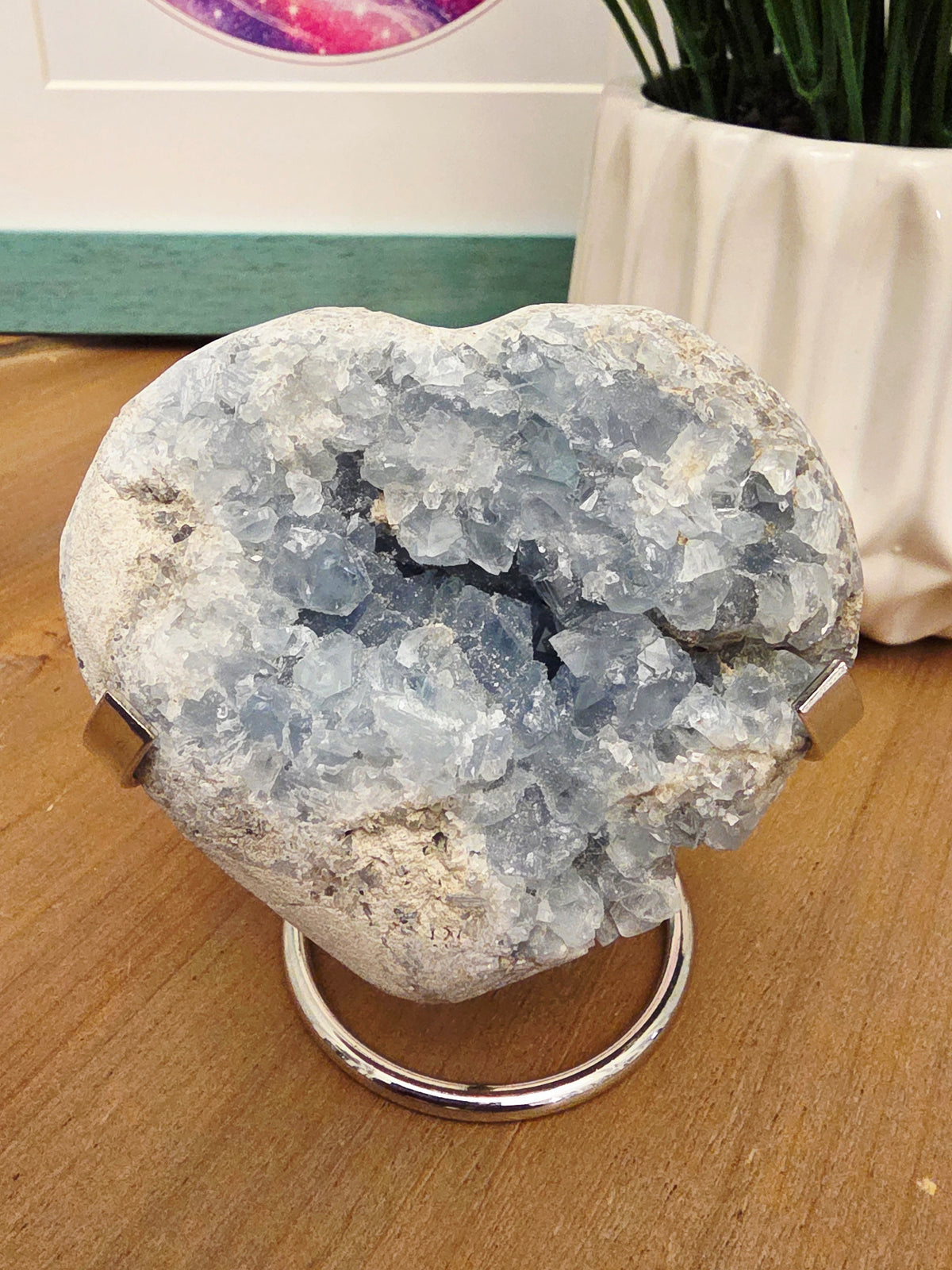 Natural Blue Celestite Crystal Cluster on Silver Stand | Raw Celestine Geode | Blue Crystal Home Décor