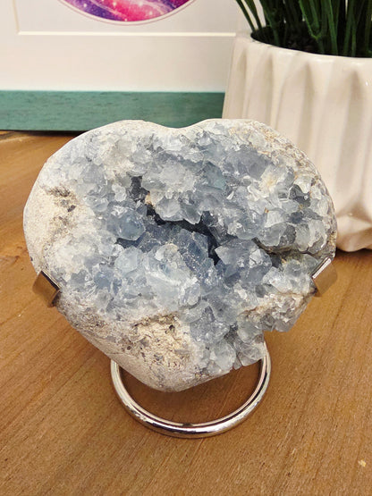Natural Blue Celestite Crystal Cluster on Silver Stand | Raw Celestine Geode | Blue Crystal Home Décor