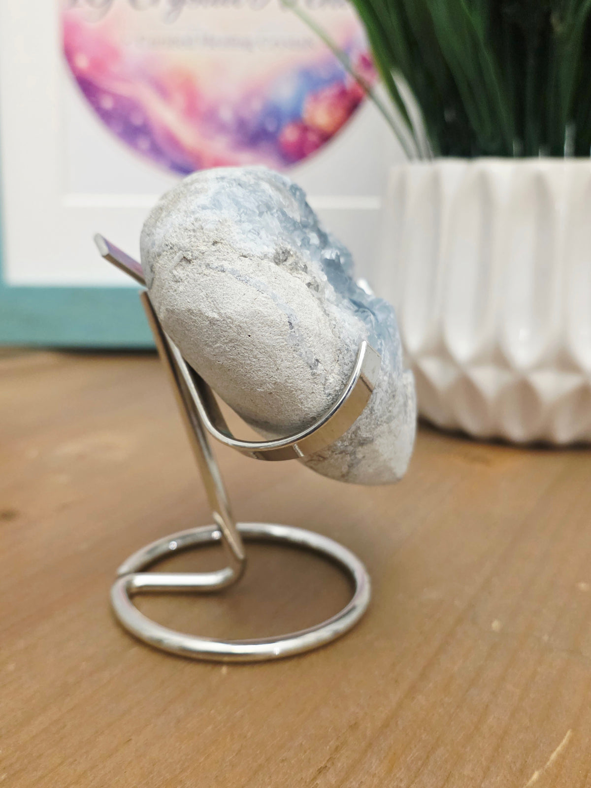 Natural Blue Celestite Crystal Cluster on Silver Stand | Raw Celestine Geode | Blue Crystal Home Décor