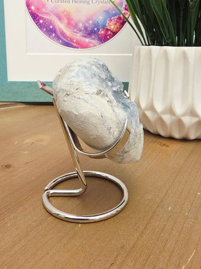 Natural Blue Celestite Crystal Cluster on Silver Stand | Raw Celestine Geode | Blue Crystal Home Décor