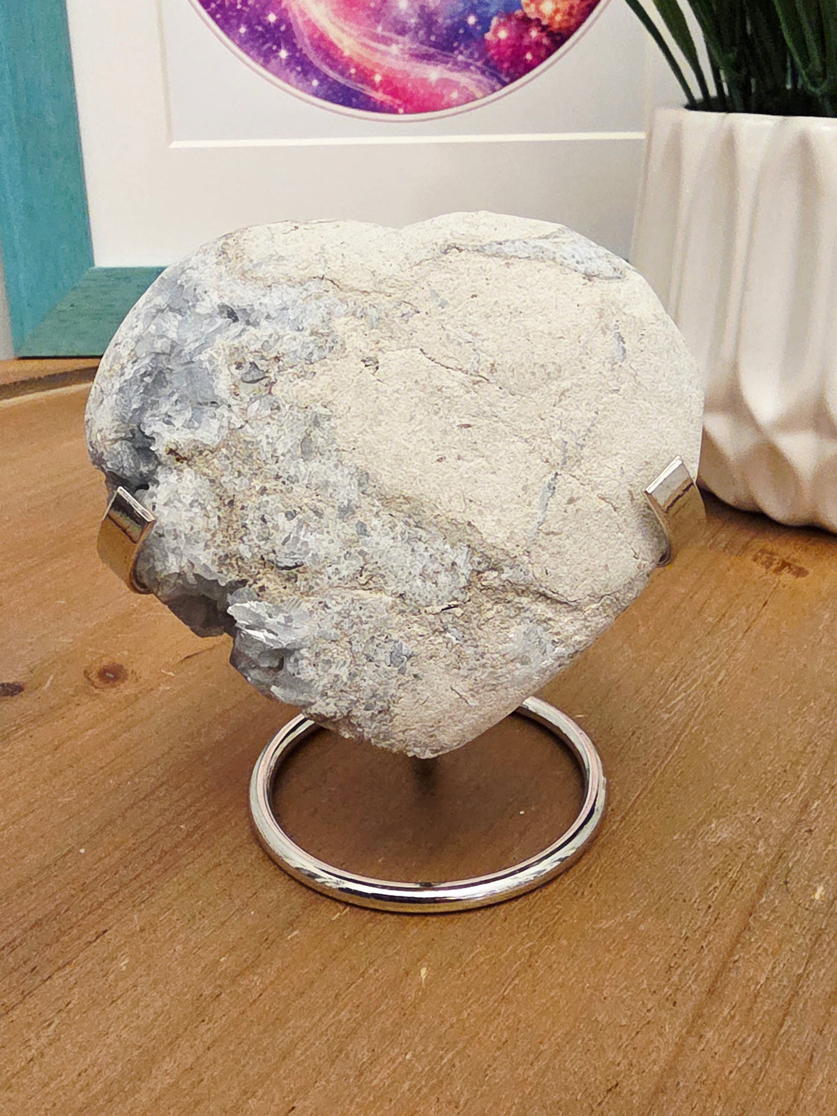 Natural Blue Celestite Crystal Cluster on Silver Stand | Raw Celestine Geode | Blue Crystal Home Décor