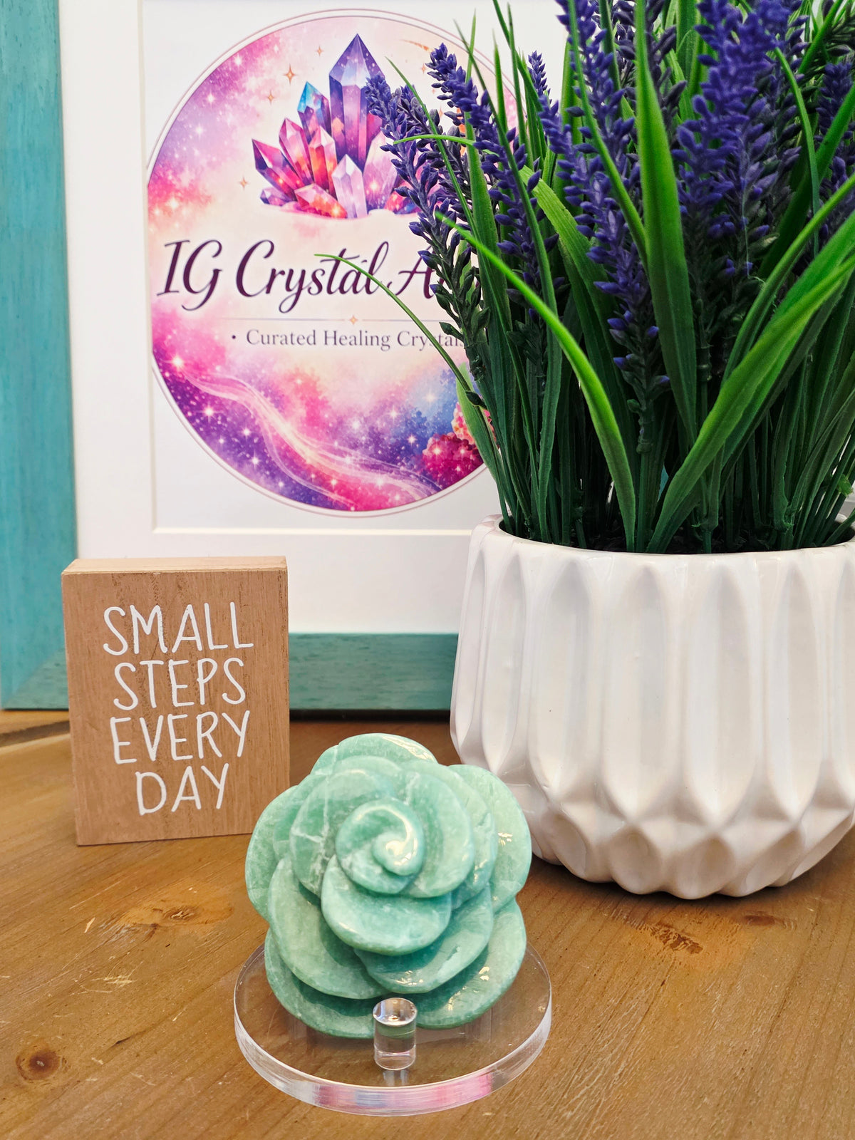 Amazonite Rose Crystal Carving | 3" Hand-Carved Green Stone Flower | Natural Crystal Home Décor