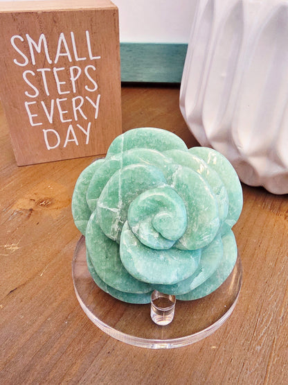 Amazonite Rose Crystal Carving | 3" Hand-Carved Green Stone Flower | Natural Crystal Home Décor
