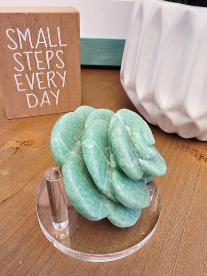 Amazonite Rose Crystal Carving | 3" Hand-Carved Green Stone Flower | Natural Crystal Home Décor